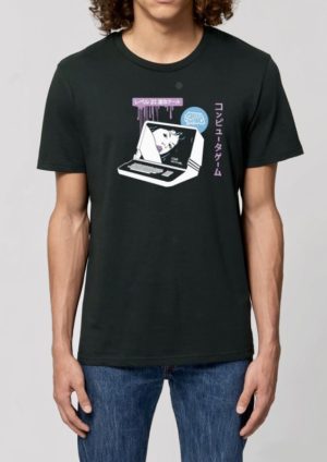T-shirt noir homme coton bio avec ordinateur vintage et femme sexy de manga comics