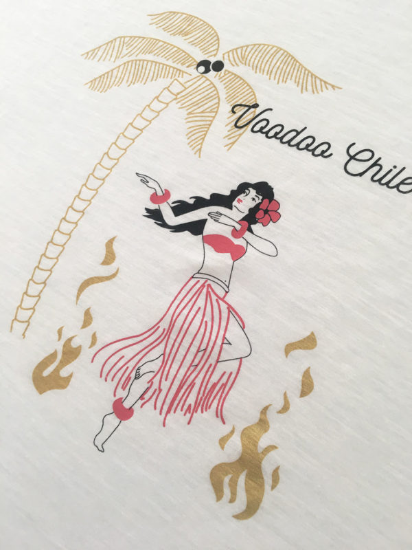 T-shirt femme blanc imprimé doré hawaïenne vintage cocotier et flammes