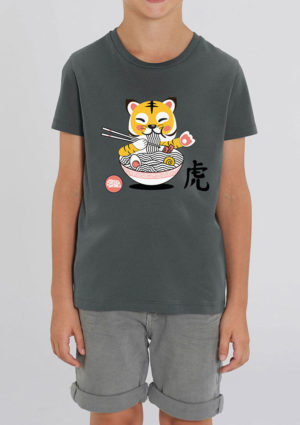 Kawaii kids gray t-shirt with tiger ramen 100% organic cotton