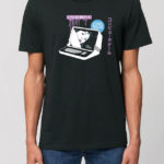 men's black t-shirt in organic cotton with vintage comp uter and sexy woman from manga comics