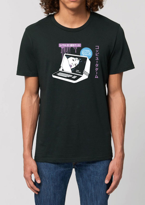 men's black t-shirt in organic cotton with vintage comp uter and sexy woman from manga comics