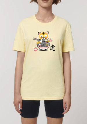 Steezywave Tee-shirt 100% coton bio certifié jaune unisexe imprimé kawaii avec Tigre ramen